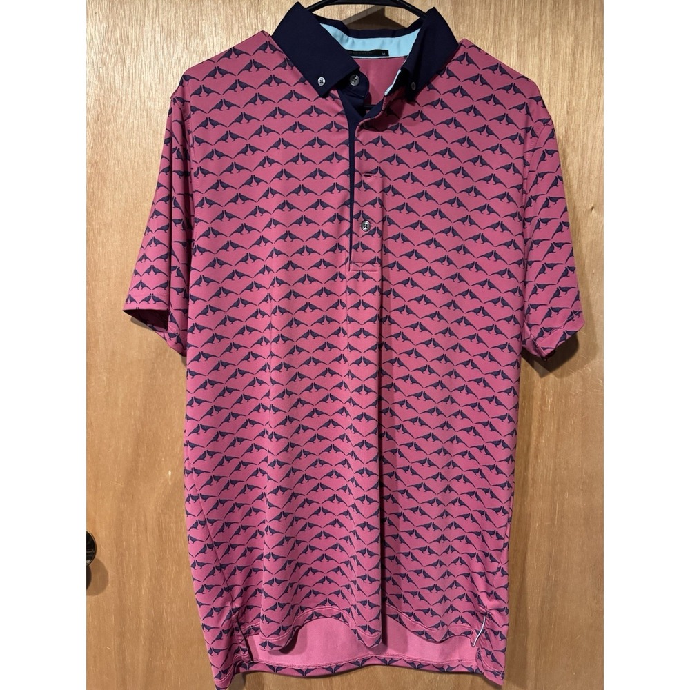 Greyson Medium Pink Navy Bird Print Golf Polo Shirt Short Sleeve Performance (Z1